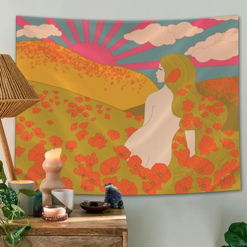 Boho Sun Moon Phase Rainbow Tapestry by Axyaa - Bedroom Decor Bedspread