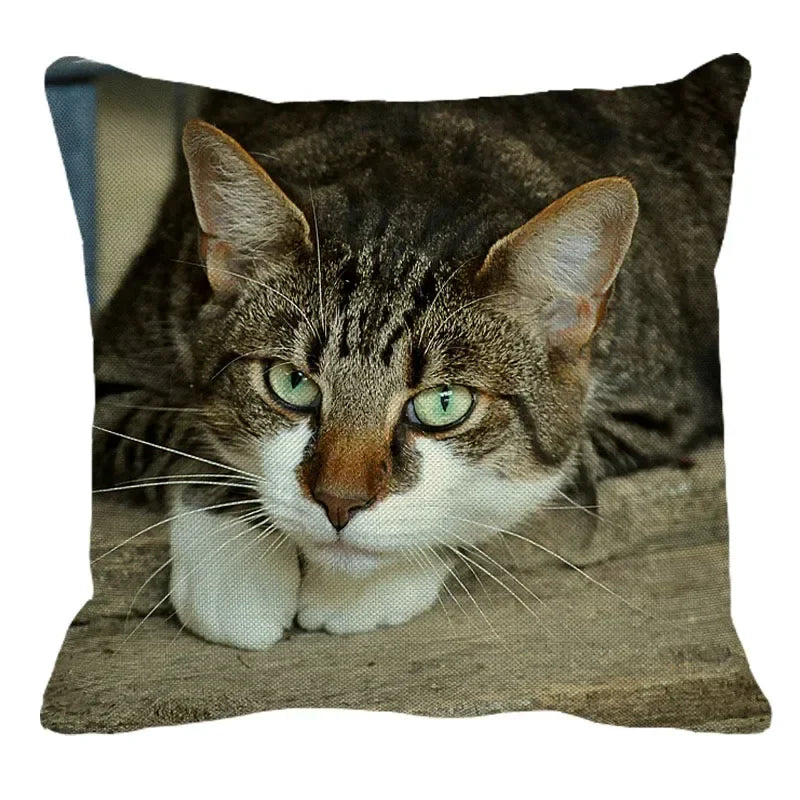 Axyaa Cat Print Linen Throw Pillowcase 45X45CM