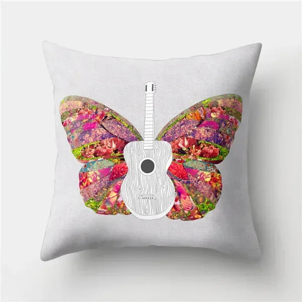 Axyaa Retro Cityscape Gramophone Guitar Drum Camera Print Cushion Cover