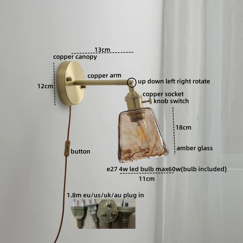 Axyaa Glass Copper LED Wall Lamp with Knob Switch for Modern Home Decor