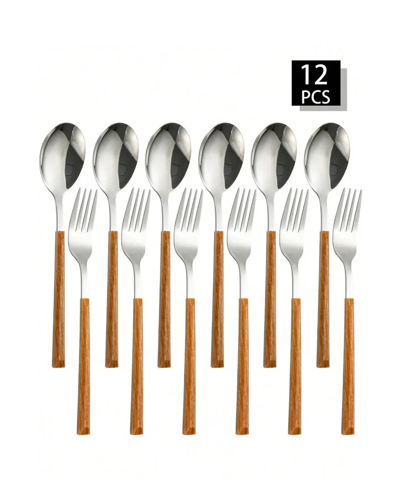 Axyaa 12-Piece Stainless Steel Cutlery Set with Imitation Wood Handle