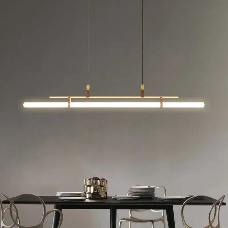 Axyaa Eden Modern Long Tube Pendant Lamp Black Gold Leather Dining Table Chandelier