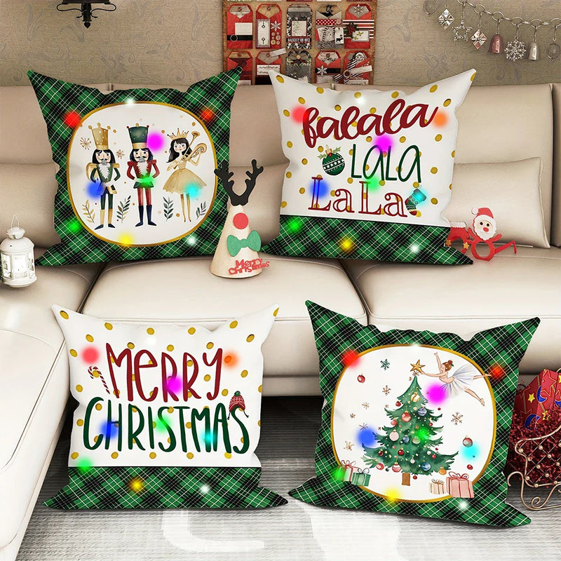 Axyaa Nutcracker Green Plaid LED Pillowcase for Christmas Party and Home Decor