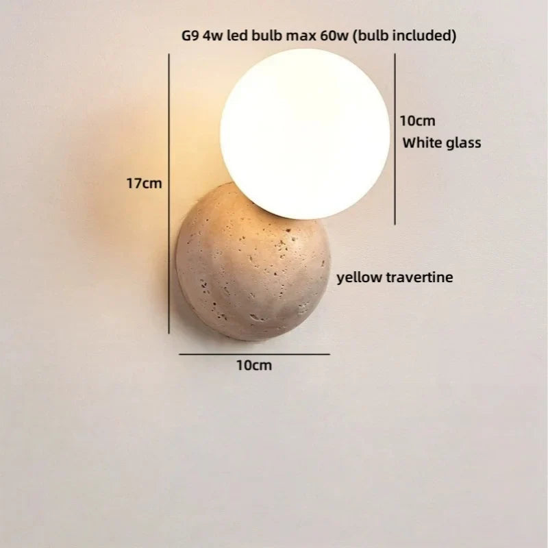 Axyaa Wabi Sabi LED Wall Light Yellow Travertine Stone Glass Ball Bedside Lamp