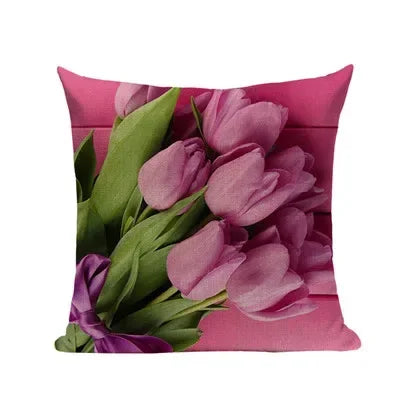 Pink Tulip Linen Cushion Cover - Axyaa 45x45cm Pillowcase
