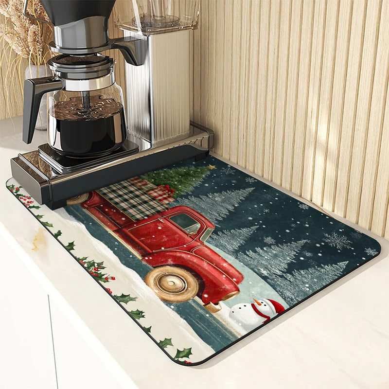 Axyaa Coffee Mat: Christmas Absorbent Draining Mat with Rubber Backing