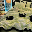 Axyaa Green Stripe Black Cat Embroidery Cotton Duvet Cover Set