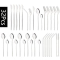 Axyaa 32-Piece Stainless Steel Black Cutlery Set Knife Fork Spoon Straw Flatware