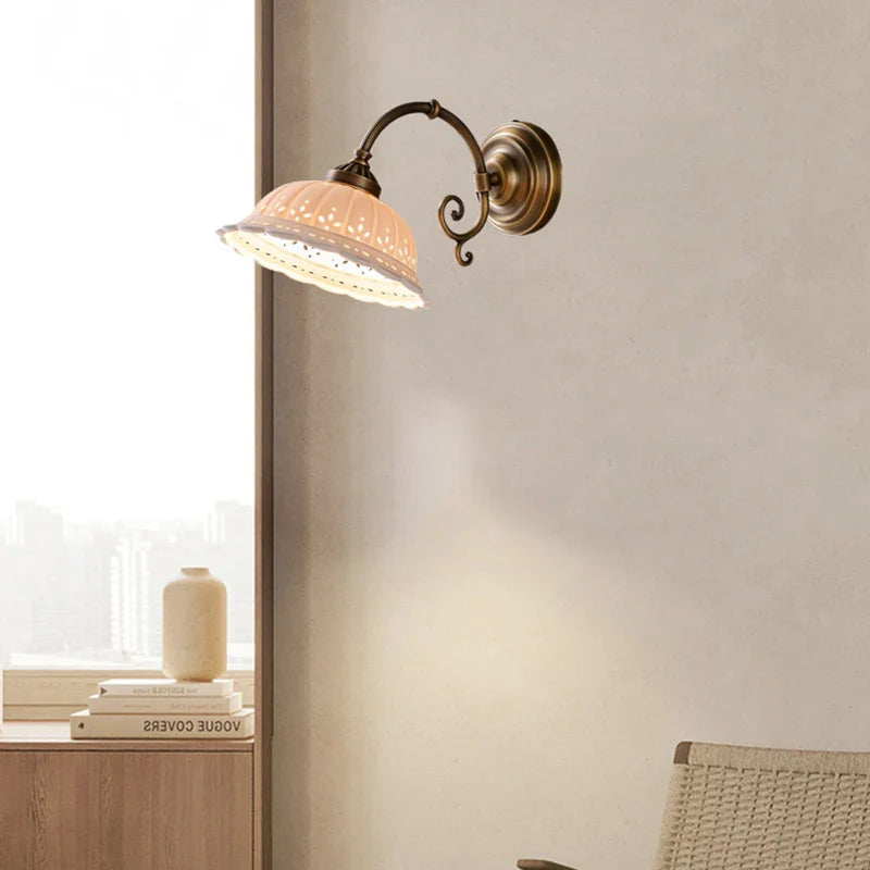 Axyaa White Ceramic Wall Light with E27 Bulb, Old Brass Finish