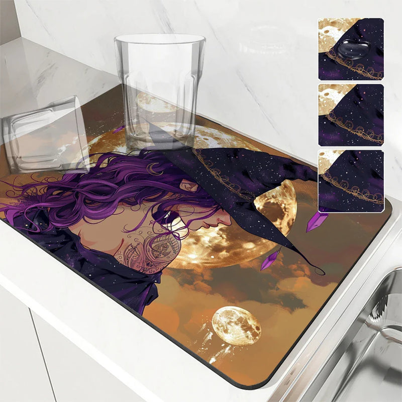 Axyaa Halloween Moon Themed Square Drain Pad - Anti-Slip & Absorbent.