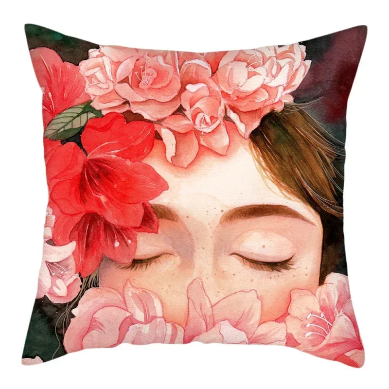 Axyaa Abstract Flower Girl Pillow Cover 45x45cm for Home Sofa Decoration
