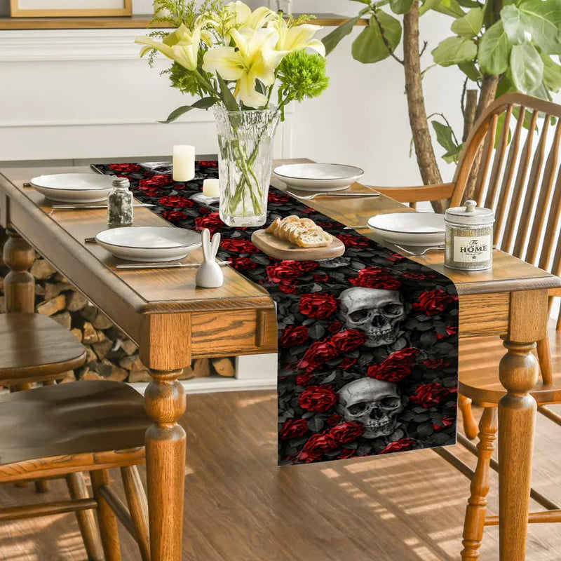 Axyaa Halloween Skull Flower Table Runner