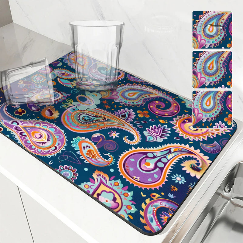 Axyaa Paisley Pattern Absorbent Mat: Antiskid & Quick Dry Kitchen & Bathroom Drain Pad