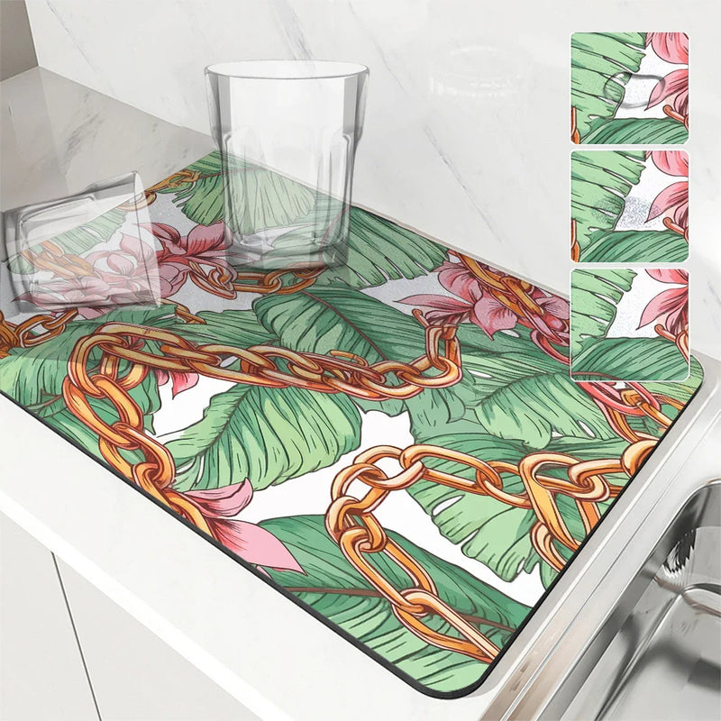Tropical Palm Drying Mat by Axyaa: Absorbent Anti-Slip Coffee Mat & Table Placemat