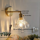 Axyaa Clear Glass LED Wall Sconce, Modern Bedroom Bedside Lamp, Pull Chain, Rotate Copper Socket