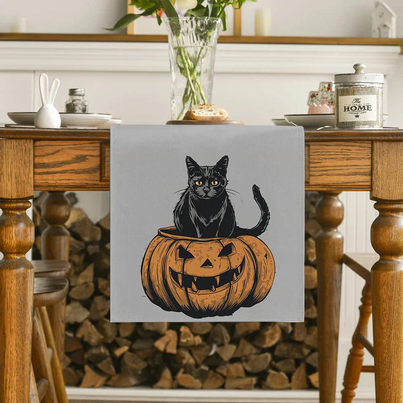 Axyaa Halloween Cat Pumpkin Head Table Runner