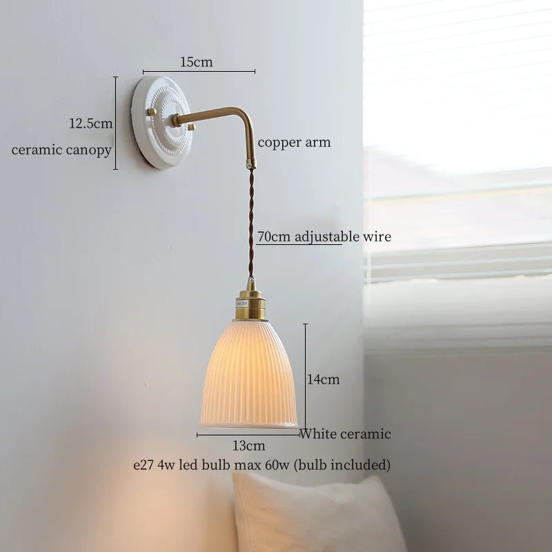 Axyaa Pleats Ceramic LED Wall Sconce Lamp with Adjustable Copper Arm