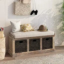 Rustic Shoe Bench with 3 Baskets, Cushion, and Cabinet by Axyaa