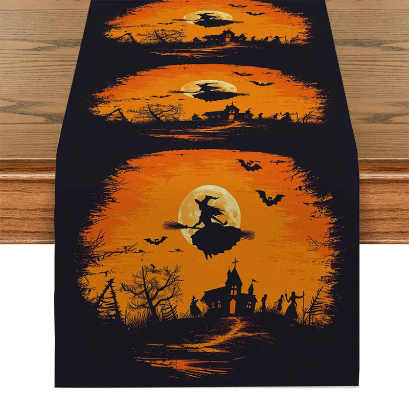 Axyaa Halloween Magic Broom Castle Table Runner - Farmhouse Wedding Party Decor