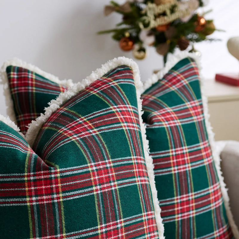 Axyaa Christmas Tartan Plaid Cushion Cover Red Green Ivory 45x45cm 50x50cm
