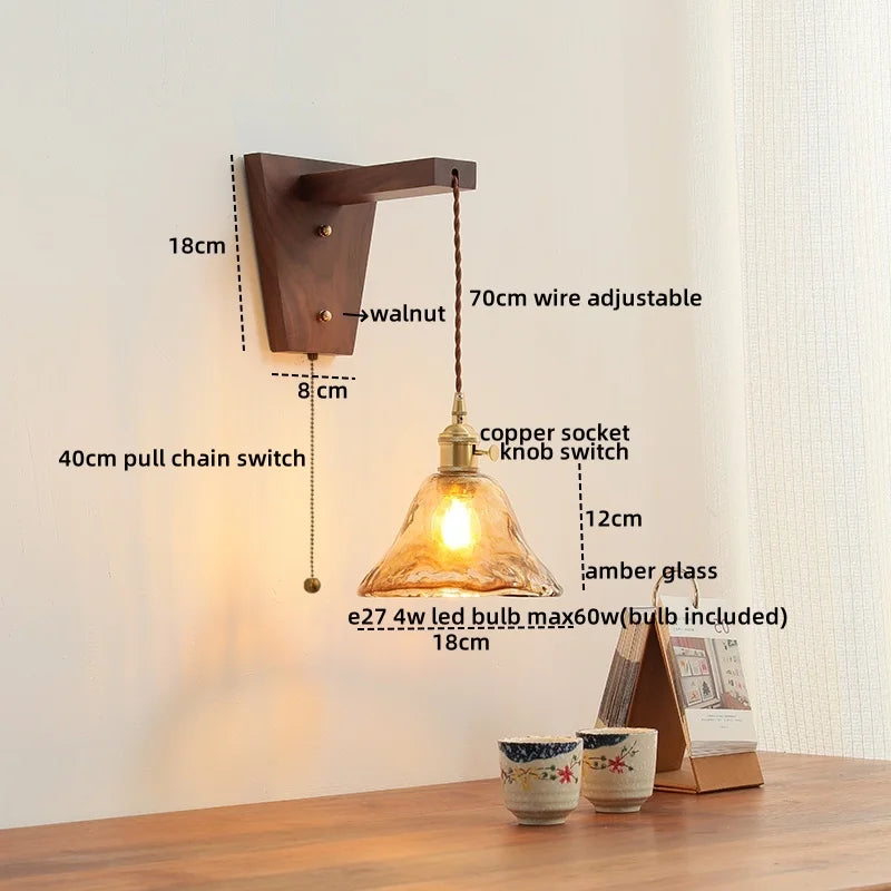 Axyaa Nordic Glass Walnut LED Wall Lights with Pull Chain Switch for Bedroom
