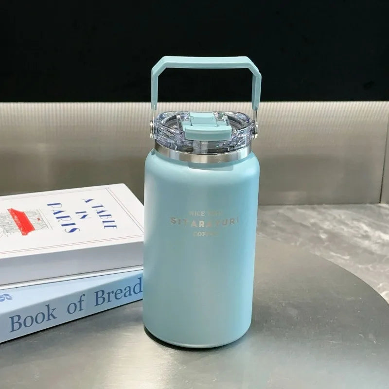 Axyaa Stainless Steel Vacuum Flask Insulated Cup with Handle, Straw, Cold&Hot Thermos Mug.