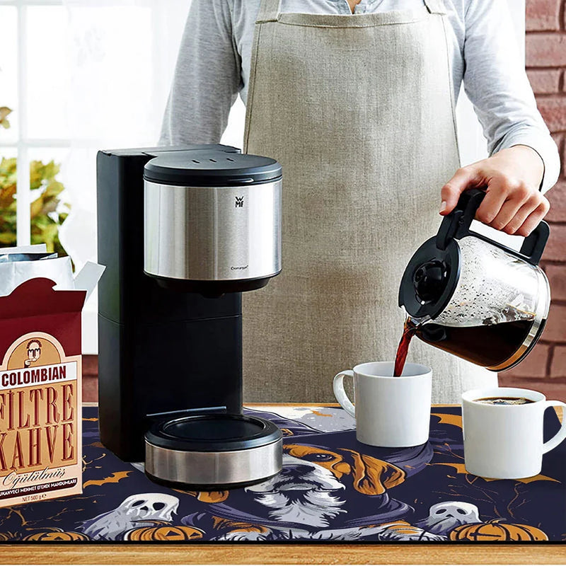 Axyaa Coffee Mat: Halloween Dog Bat Draining Pad, Quick Dry Kitchen Bathroom Drying Mat