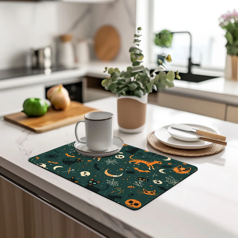 Axyaa Halloween Square Drain Pad: Absorbent & Anti-slip Dry Mat for Dishes, Cups, & More