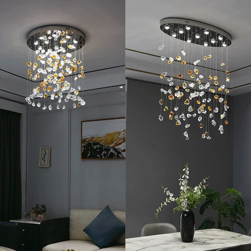 Axyaa Modern Crystal Chandelier with Special-Shaped Stone Decoration for Dining and Living Room Lighting