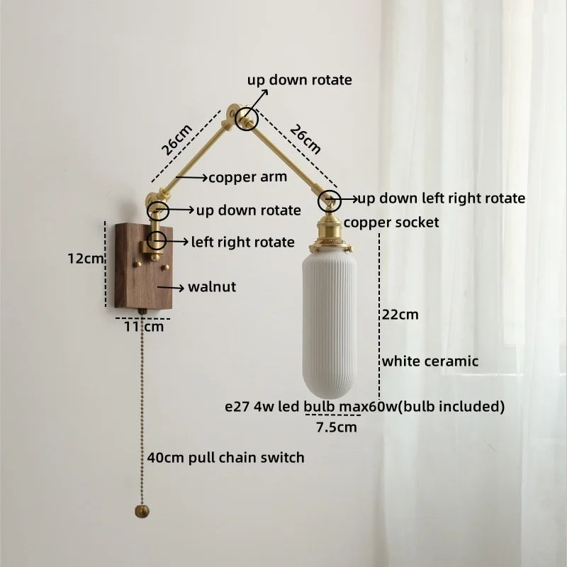 Axyaa Ceramic Copper Swing Arm LED Wall Light for Home Decor
