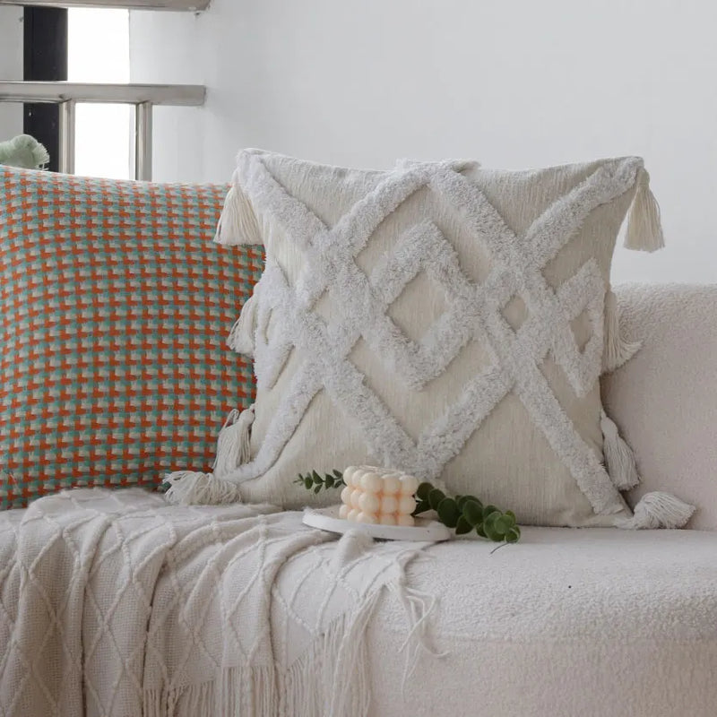 Axyaa White Tufted Tassel Cushion Cover - Mori Style Home Decor Pillowcase