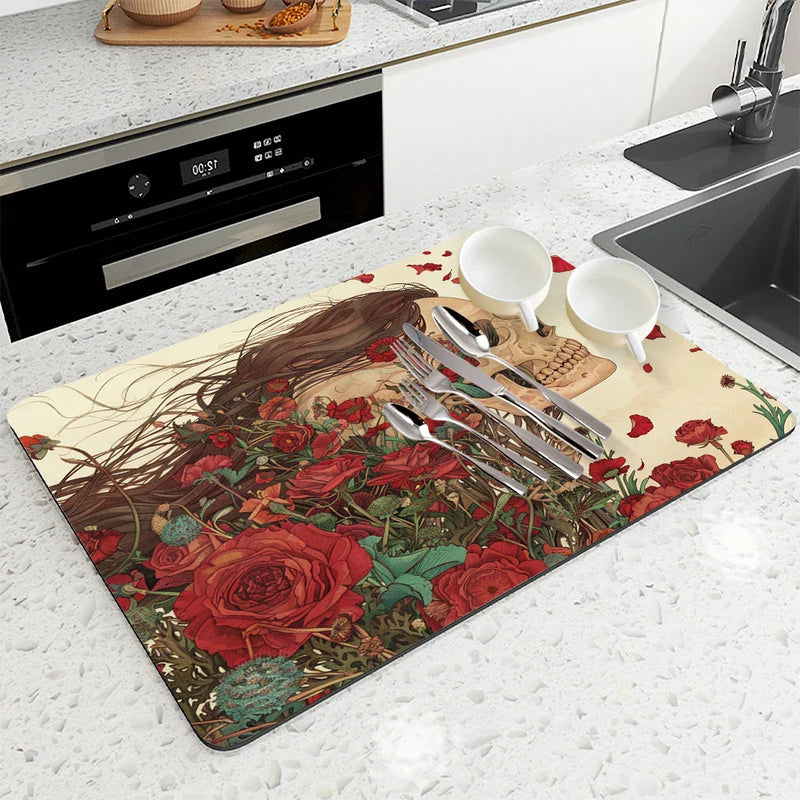 Axyaa Floral Skull Absorbent Dish Drying Mat with Rubber Backing