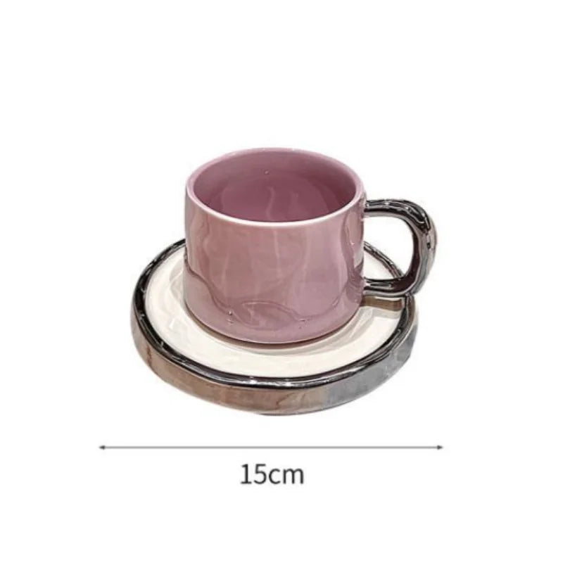 Axya Purple Ceramic Coffee Cup Set - Colored Couple Mugs & Saucers, Porcelain Milk Mug