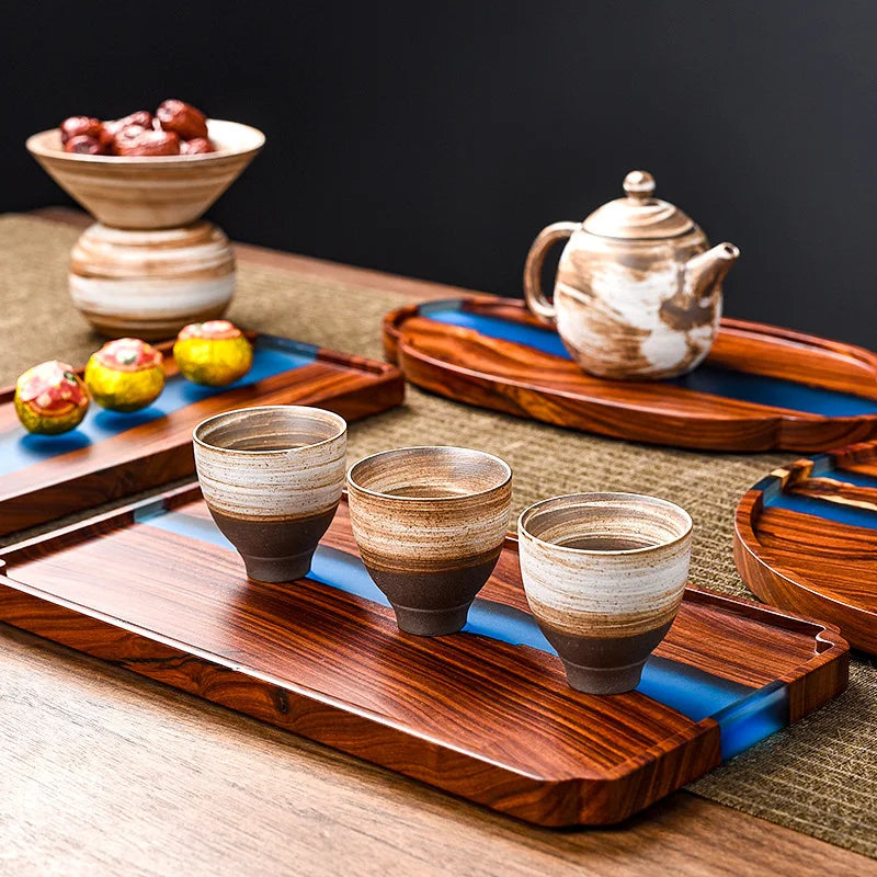 Axya Retro Tea Tray Set - High-Grade Resin & Wooden Snack Table