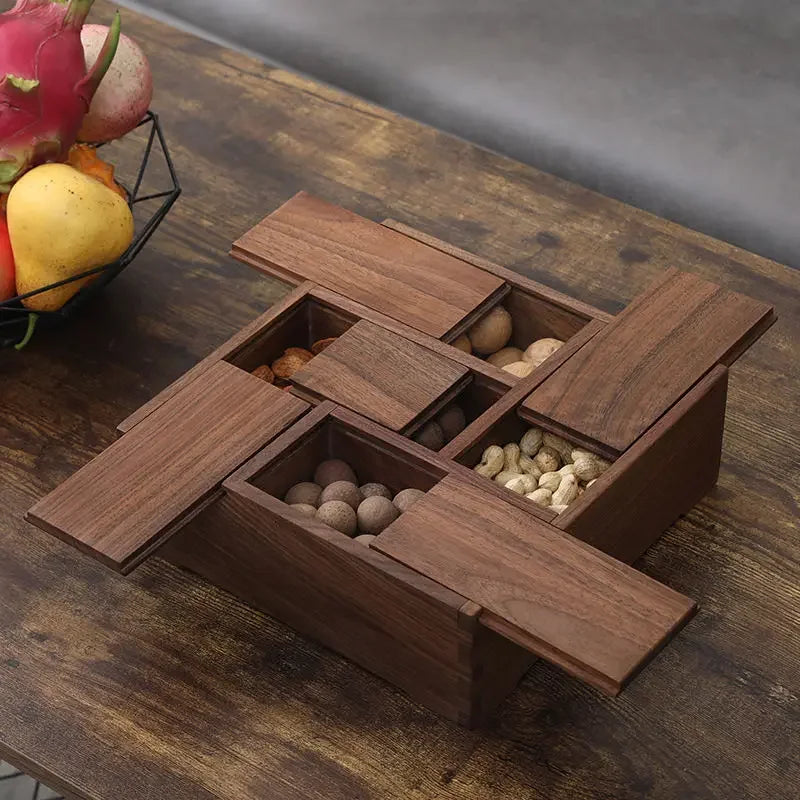 Axya Black Walnut Multi Treasure Box: Square Living Room Food Storage & Snacks Organizer