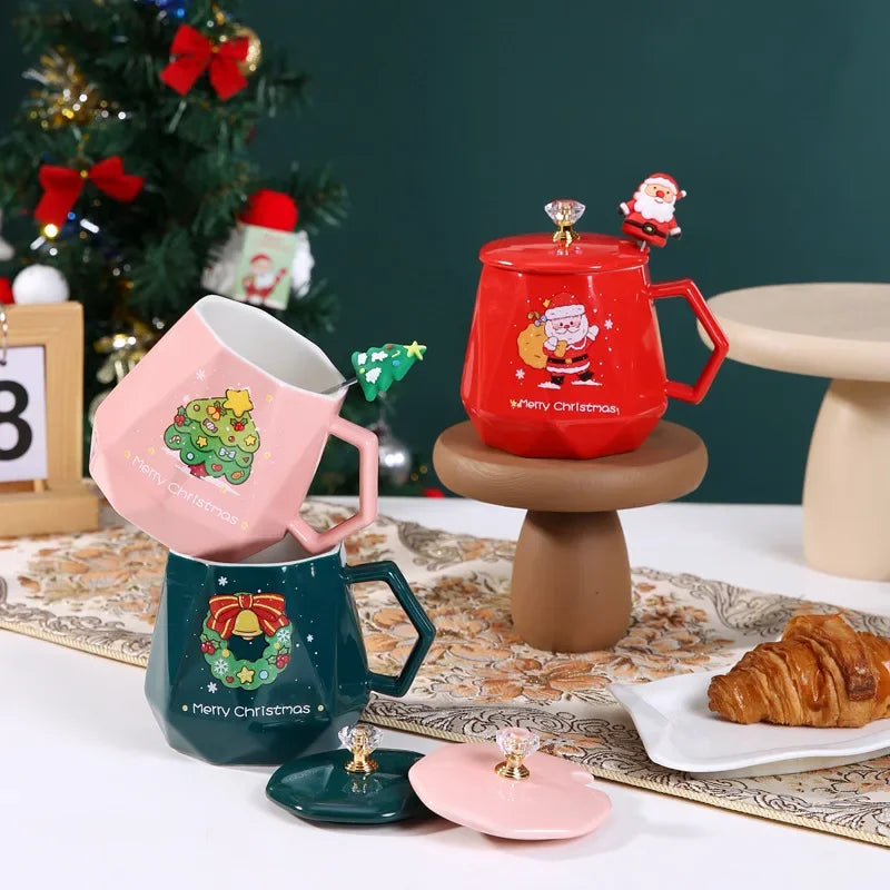 Axyaa Christmas Ceramic Mug Set with Lid and Spoon - Festive Xmas Gift Cup