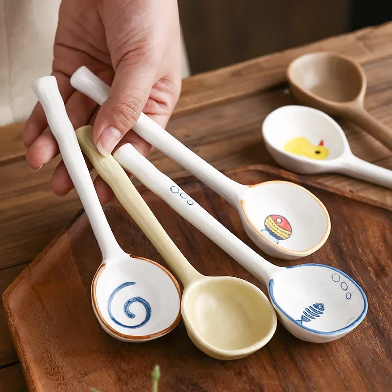 Axya Hand-Painted Ceramic Soup Spoon - Japanese Style Dessert Spoon