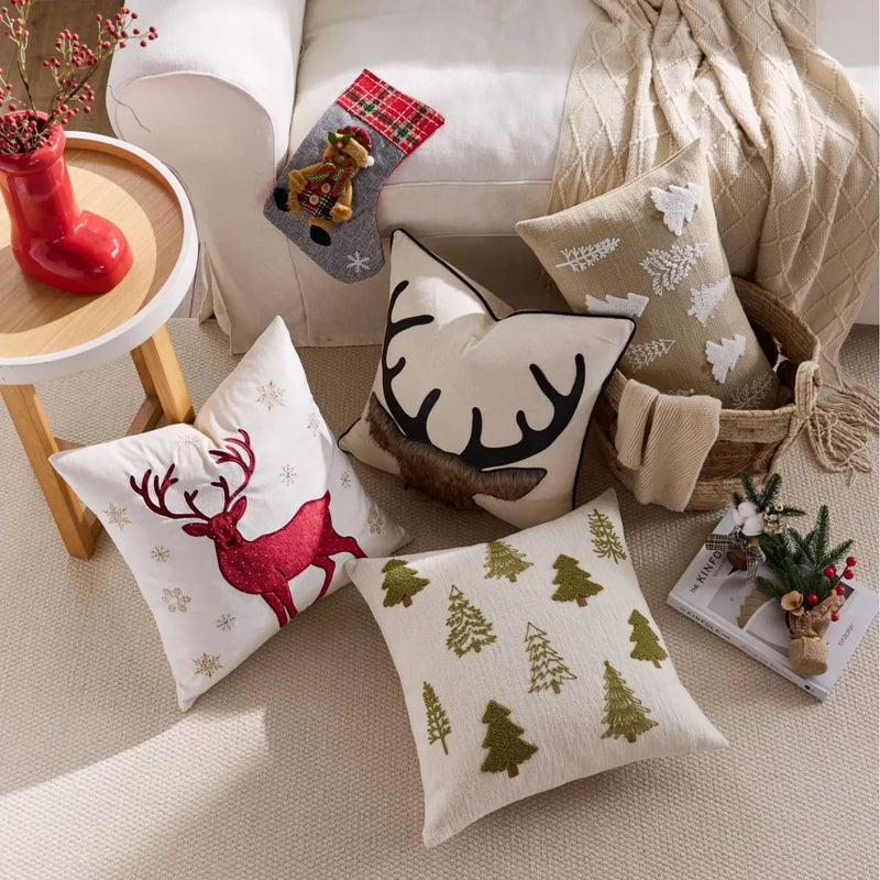 Axyaa Christmas Embroidered Pillow Cover Trees Deer Snowflakes 45x45cm 30x50cm