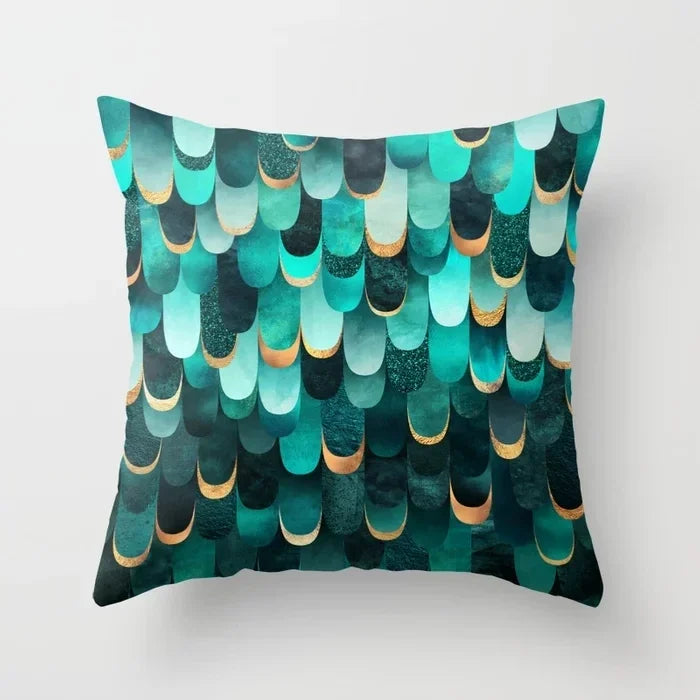 Teal Blue Flower Leaves Pattern Pillow Case for Home Decor by Axyaa