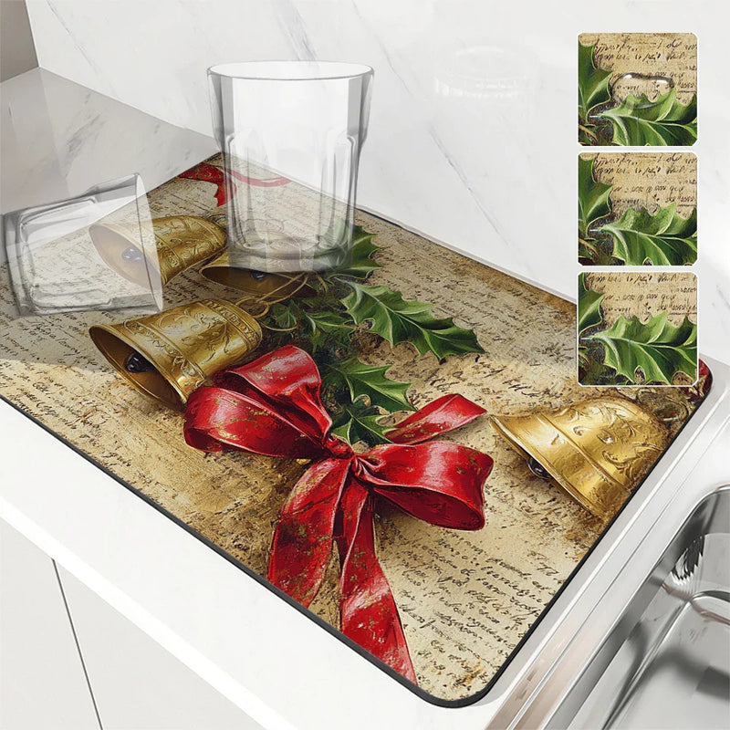 Axyaa Retro Style Christmas Bells & Bows Kitchen Drying Mat