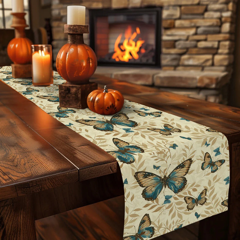 Axyaa Watercolor Butterfly Plants Table Runner for Dining Room Butterflies Botanical Theme