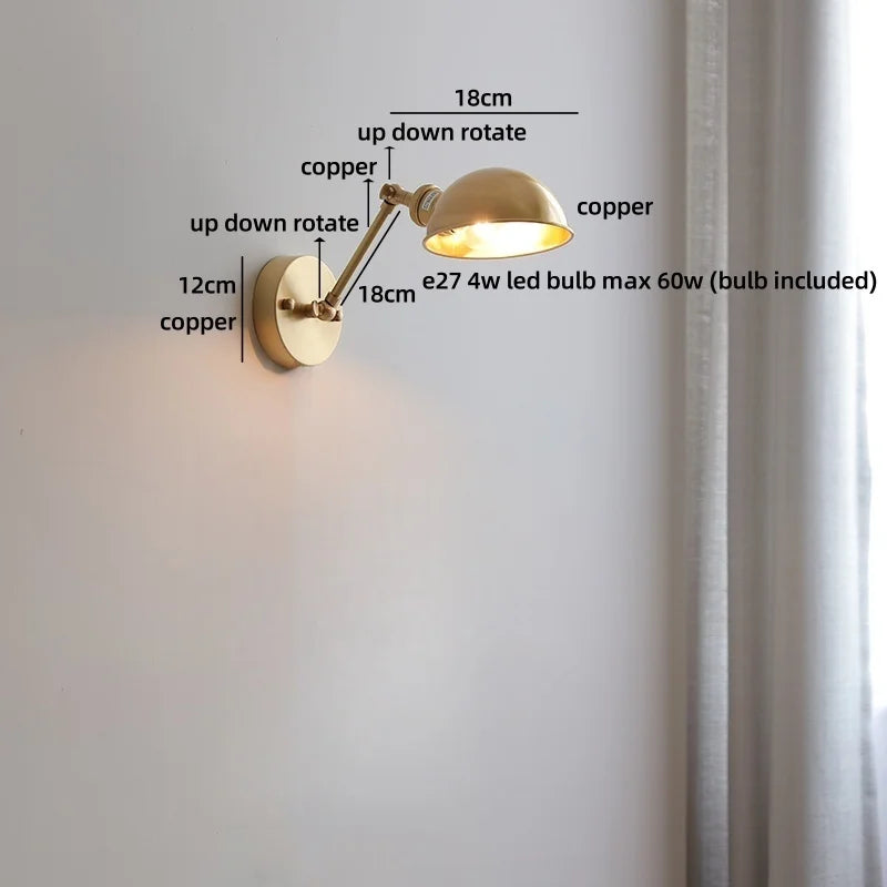 Axyaa Nordic LED Wall Lamp for Bedroom Bedside, Modern Copper Arm, Up Down Rotate, Bathroom Mirror Light