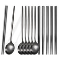 Axyaa Black Stainless Steel Cutlery Set with Korean Chopsticks & Dinner Spoons