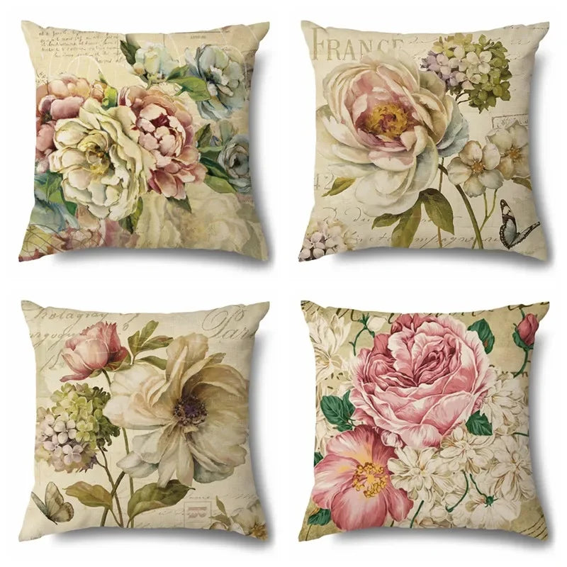 Axyaa Rose Butterfly Print Cotton Linen Pillowcase for Modern Living Room Decor