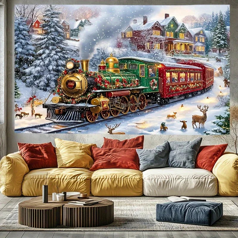Christmas Train Tapestry Background Cloth for Parties & Photography by Axyaa Home & Outdoor