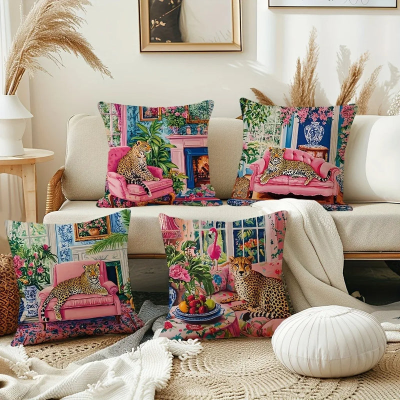 Axyaa Leopard Flower Flamingo Pillowcase Set
