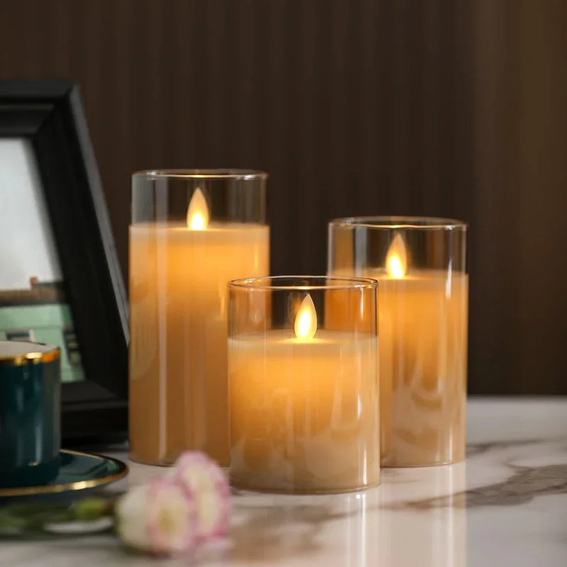 Axya LED Candle Set: Golden Gray Glass, Warm Light, Remote Control, Gift.