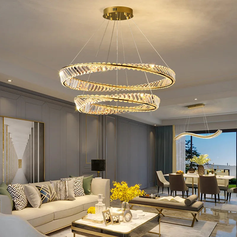 Luxury Gold Plated Steel Ring Pendant Light with Dimmable LEDs and K9 Crystals