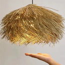 Axyaa Straw Hat Pendant Chandelier, Nordic Retro Rattan LED Drop Lamp
