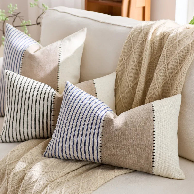 Cream Tan Two Tone Striped Pillow Cover for Home Sofa Couch Living Room by Axyaa